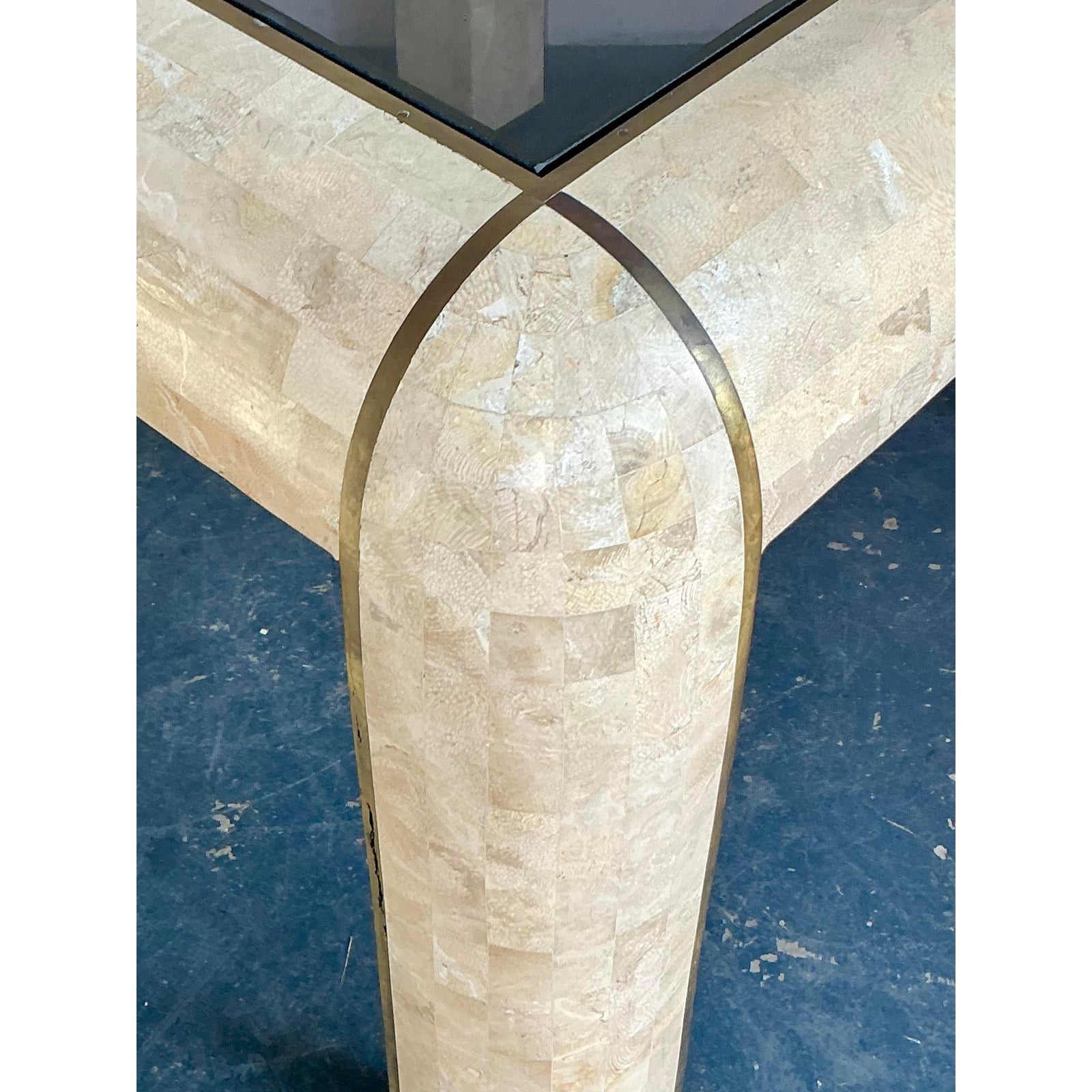 Vintage Boho Tessellated Stone and Brass Inlay Game Table - Side view