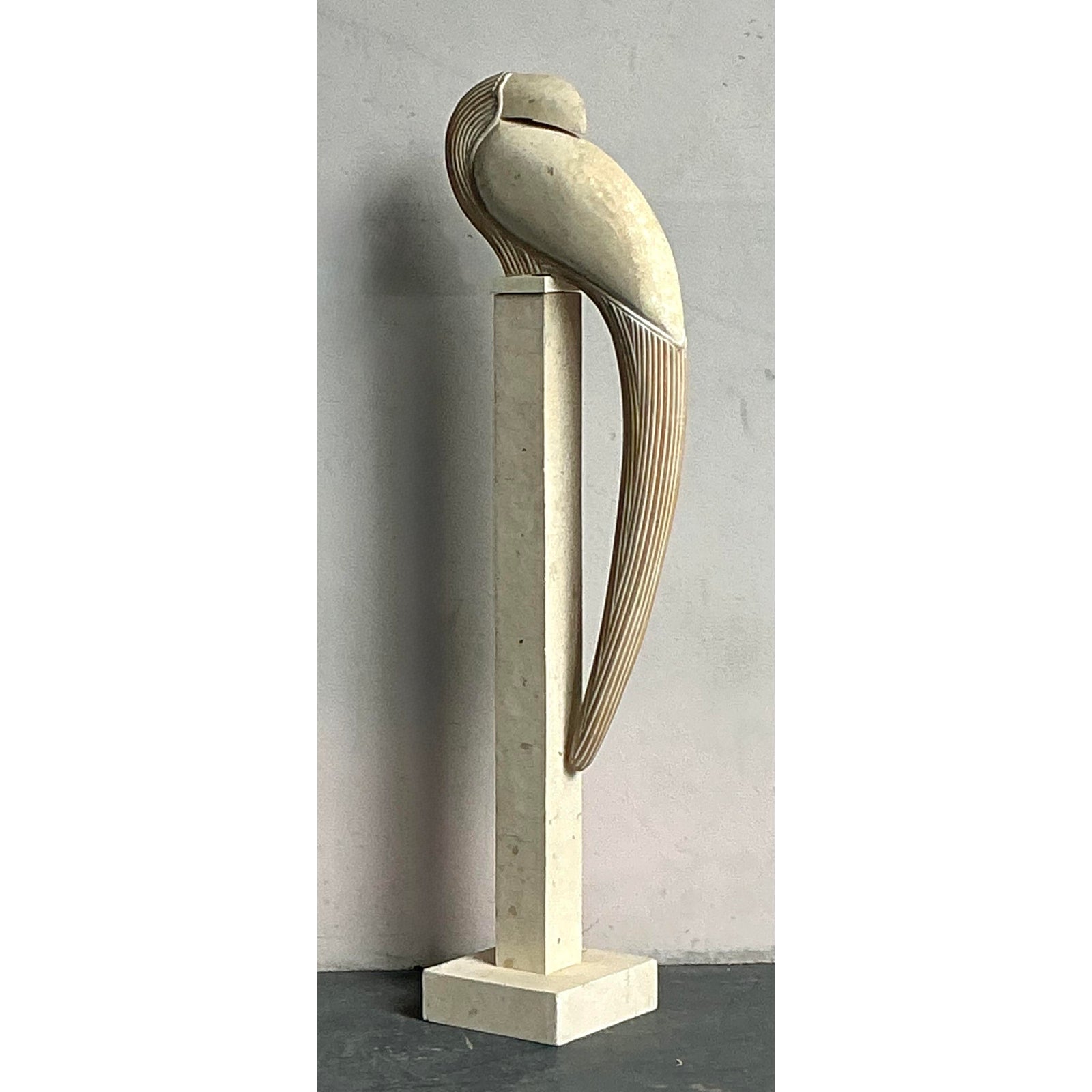 Vintage Boho Tessellated Stone and Pencil Reed Bird on Stand - Top view