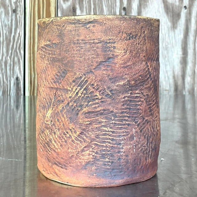 Vintage Boho Textured Ceramic Vase - Side view