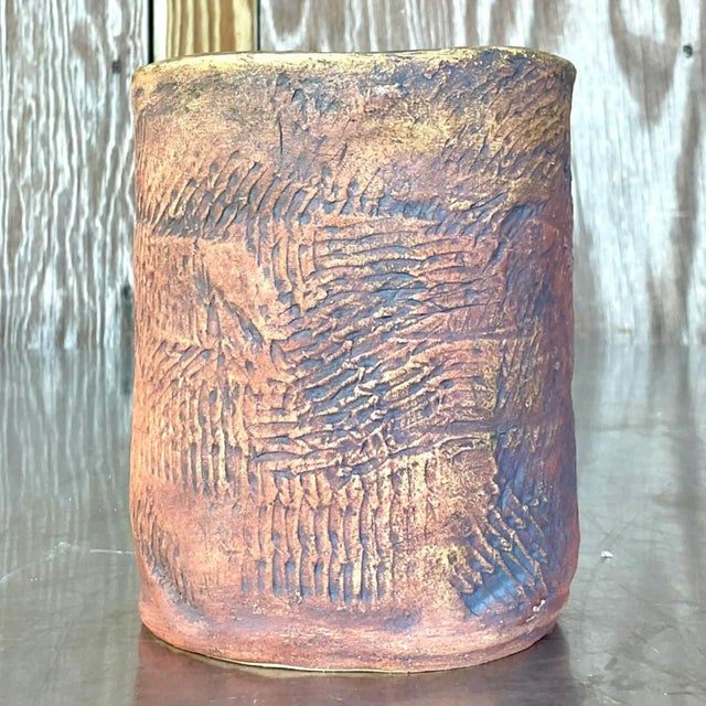 Vintage Boho Textured Ceramic Vase - Back view