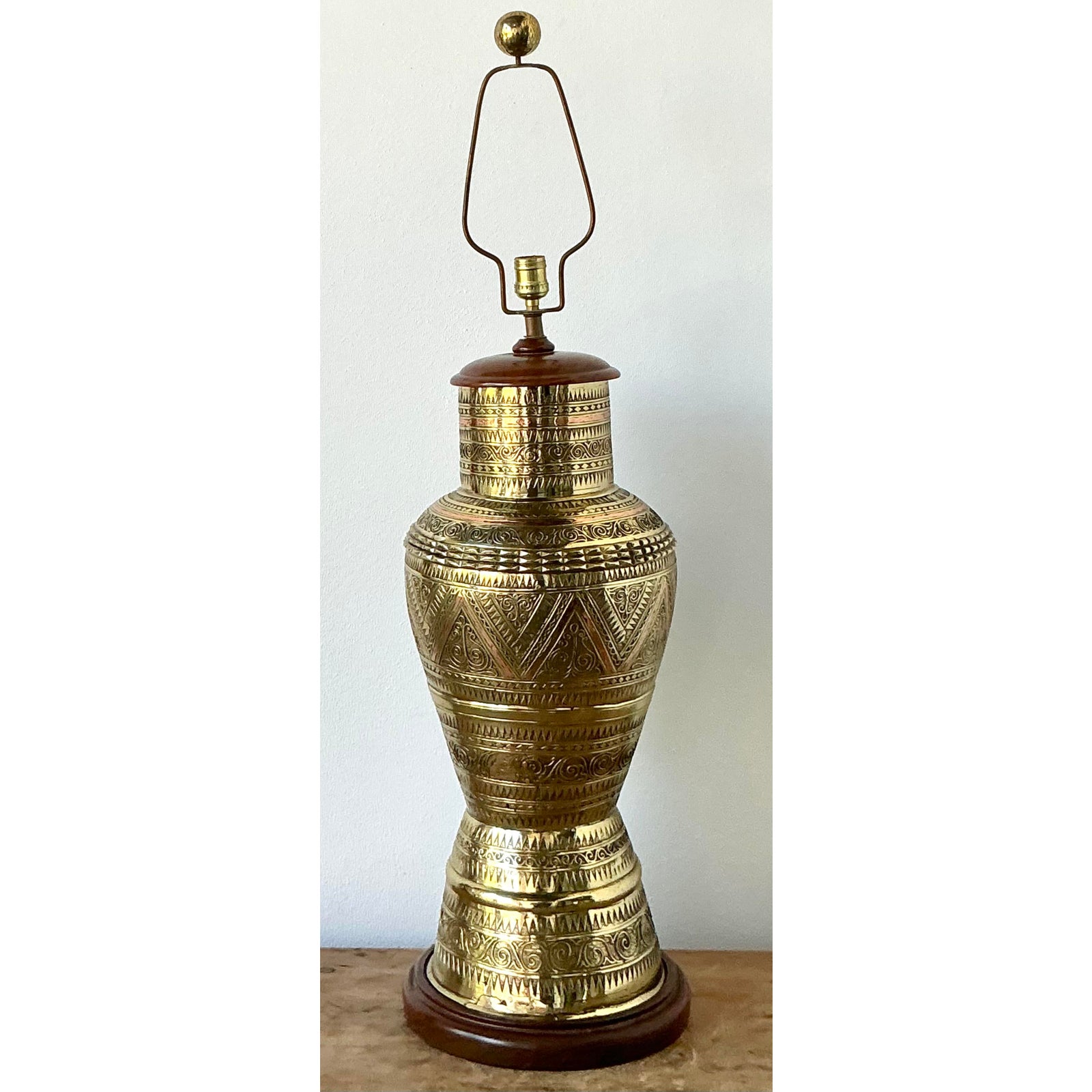 Vintage Boho Tooled Brass Lamp - Detail view