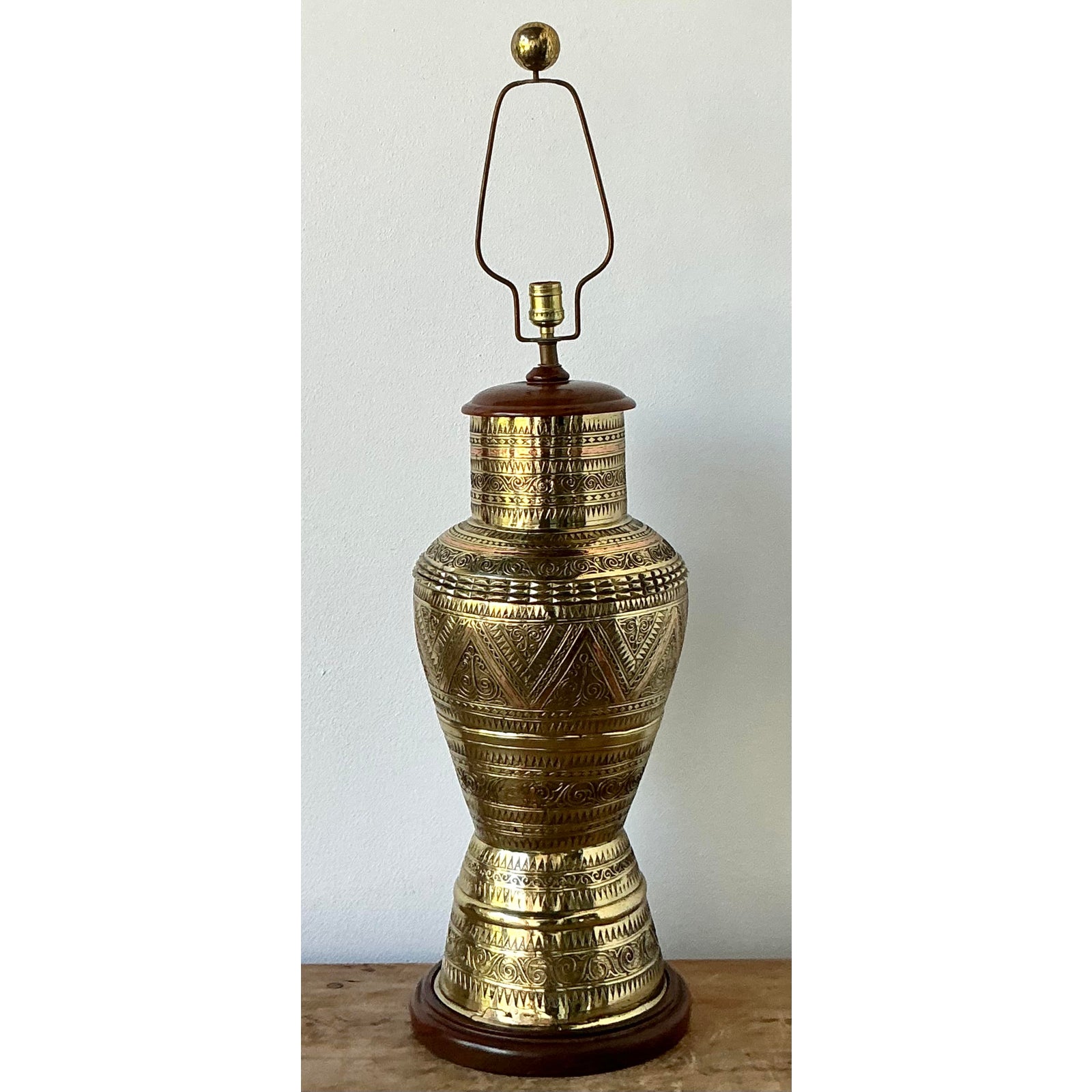 Vintage Boho Tooled Brass Lamp - Top view
