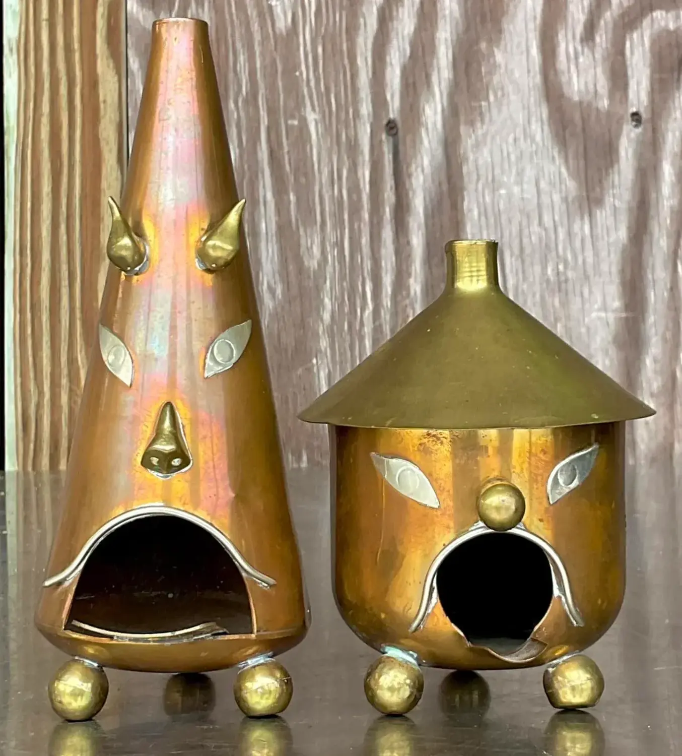 Vintage Boho Tooled Metal Ashtrays - Set of 2 - Side view