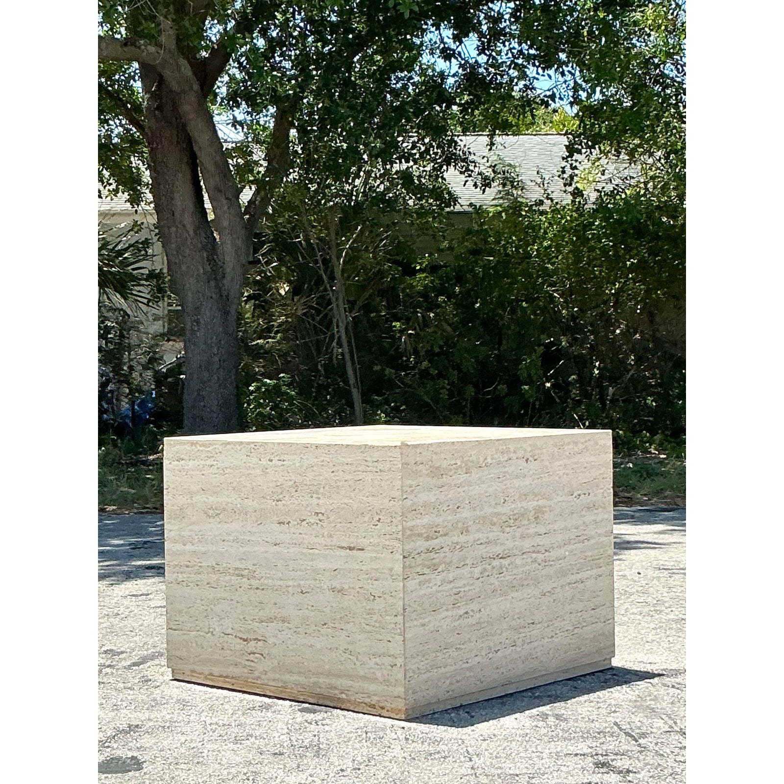 Vintage Boho Travertine Cube Side Table - Top view