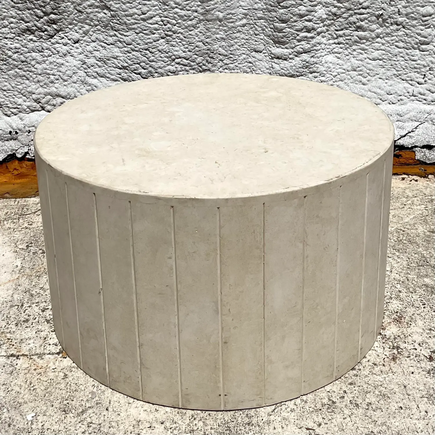 Vintage Boho Travertine Drum Coffee Table - Top view