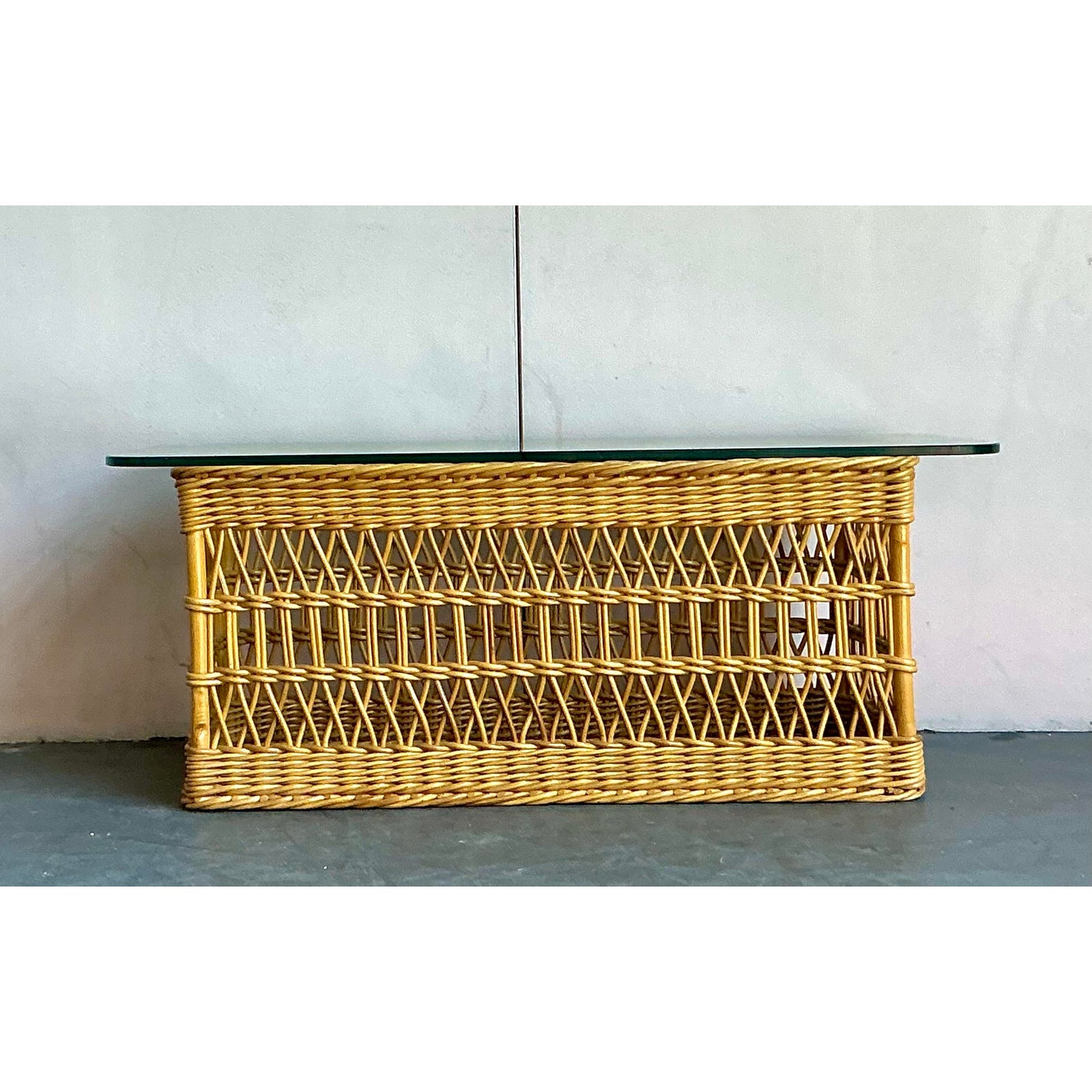 Vintage Boho Trellis Rattan Coffee Table - Back view