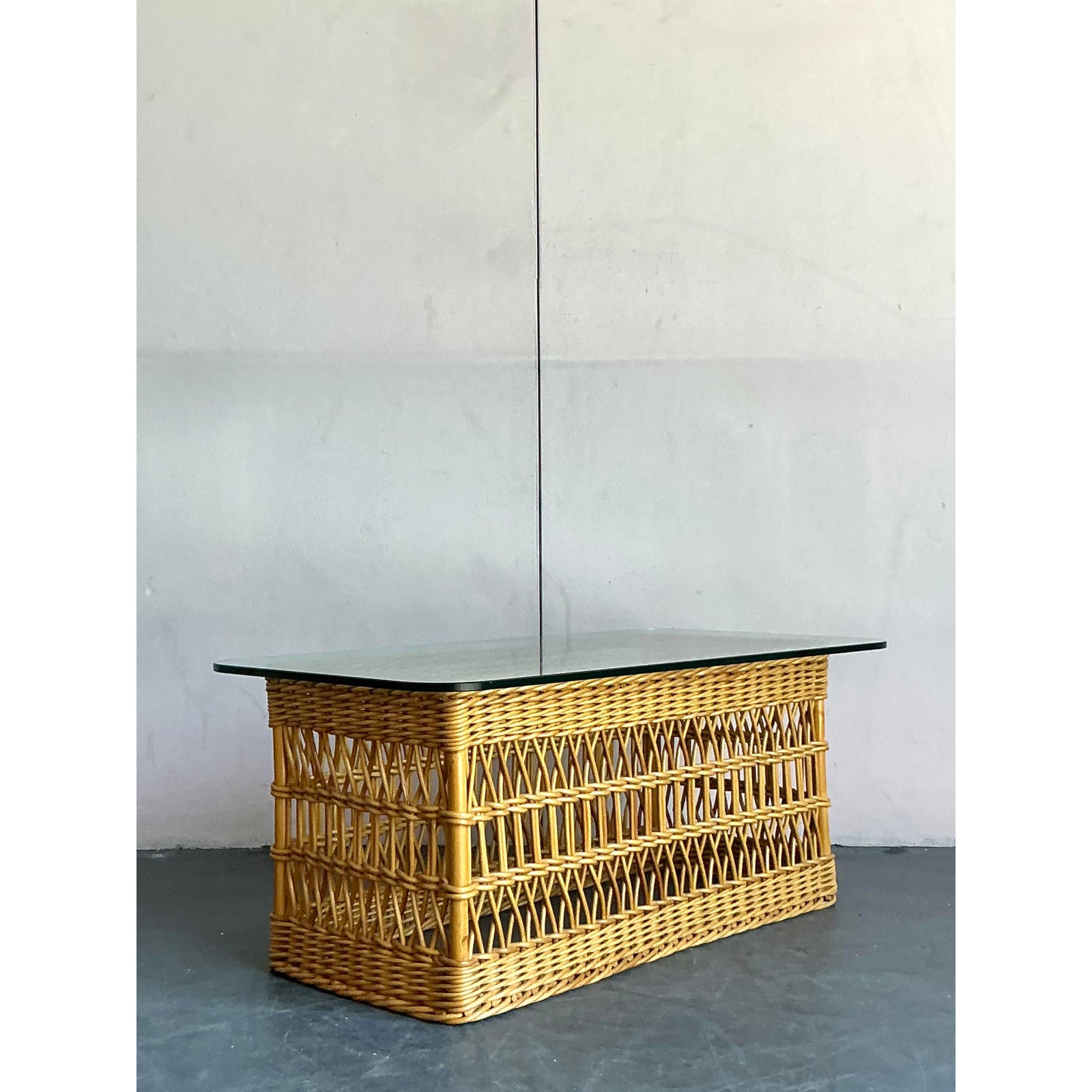 Vintage Boho Trellis Rattan Coffee Table - Side view