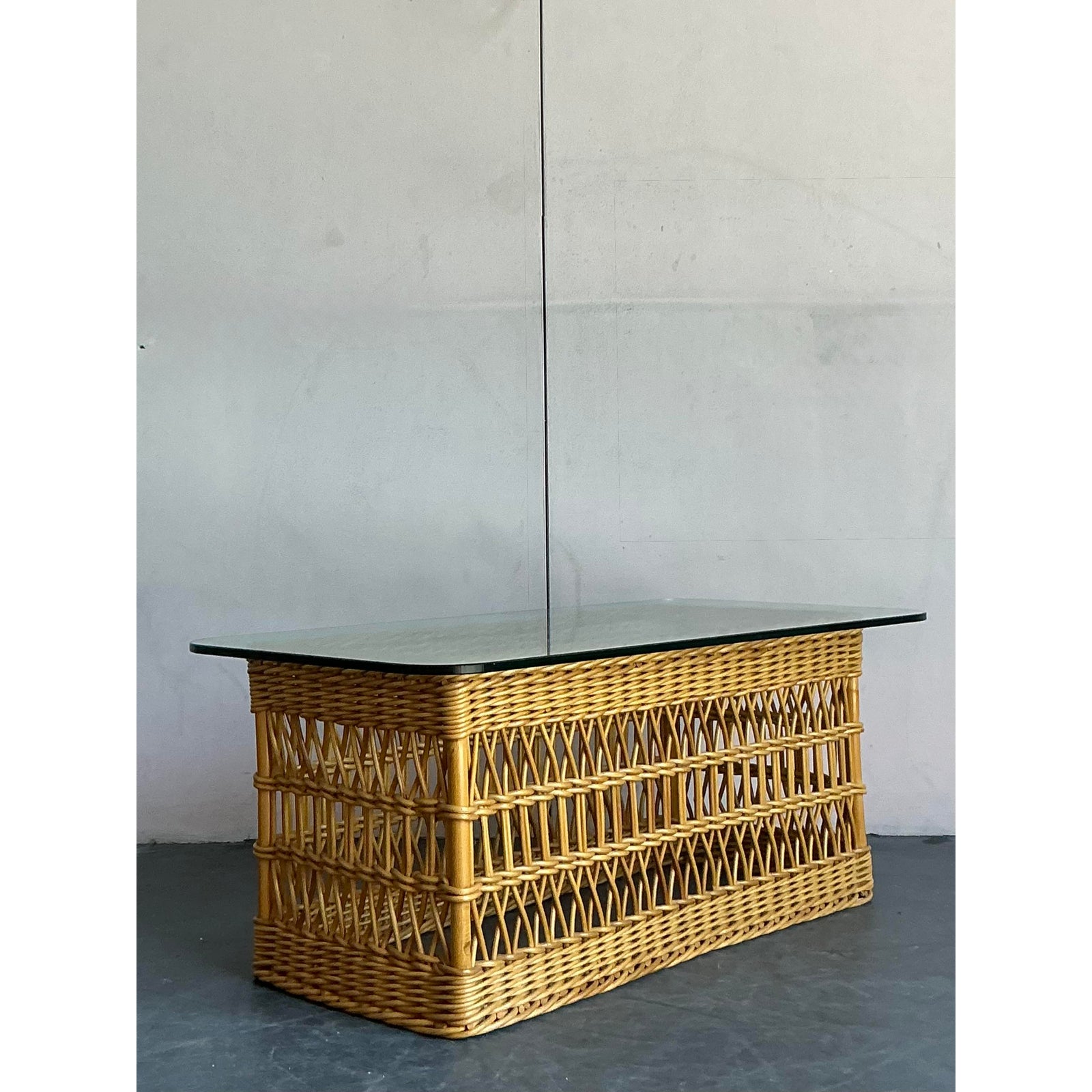 Vintage Boho Trellis Rattan Coffee Table - Top view