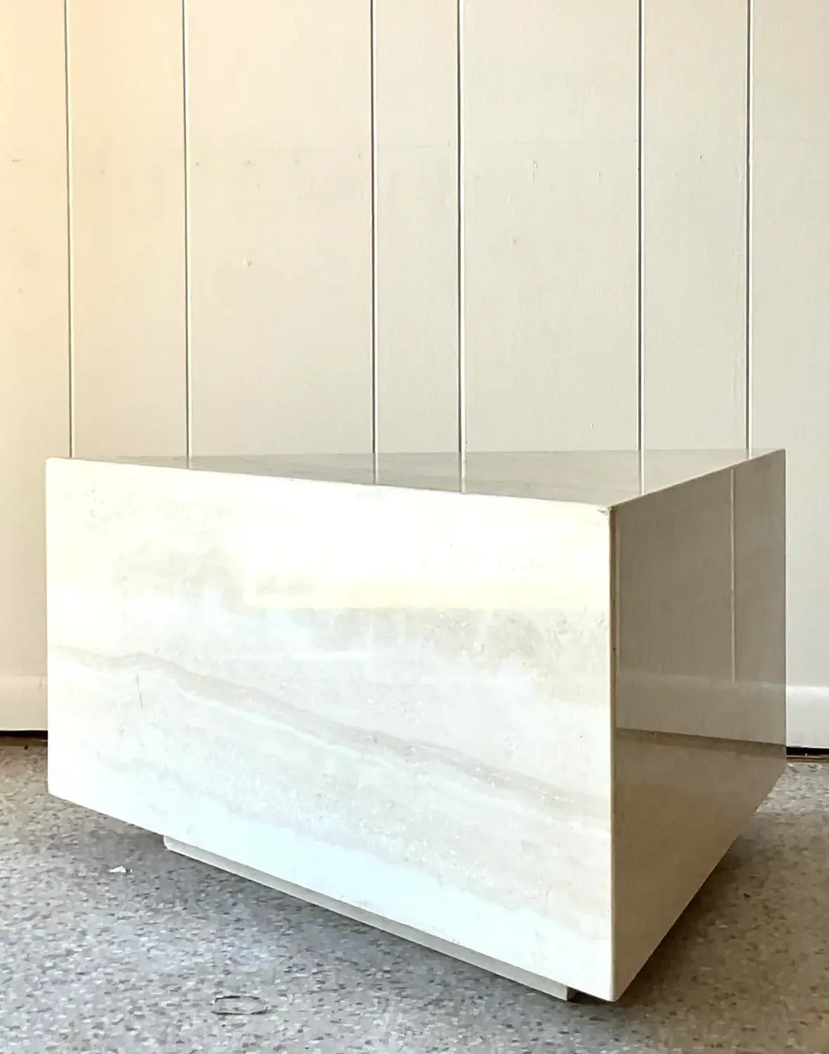 Vintage Boho Triangle Travertine Side Table - Side view