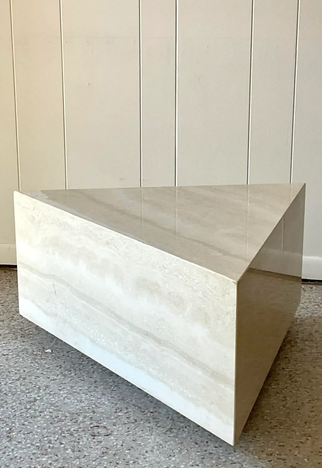 Vintage Boho Triangle Travertine Side Table - Top view