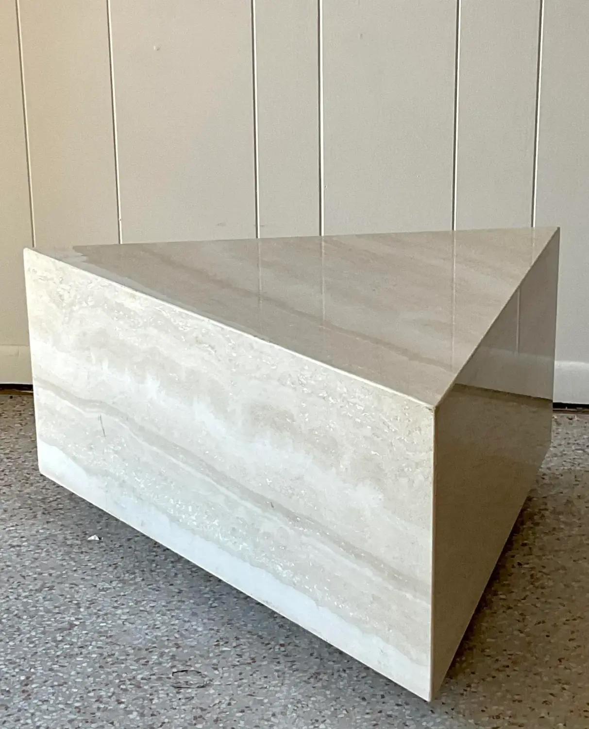 Vintage Boho Triangle Travertine Side Table - Back view