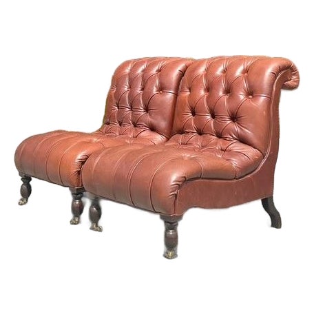 Vintage Boho Tufted Leather Slipper Chairs After George Smith- Set of 2 - Detail view