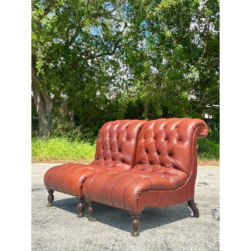 Vintage Boho Tufted Leather Slipper Chairs After George Smith- Set of 2 - Side view