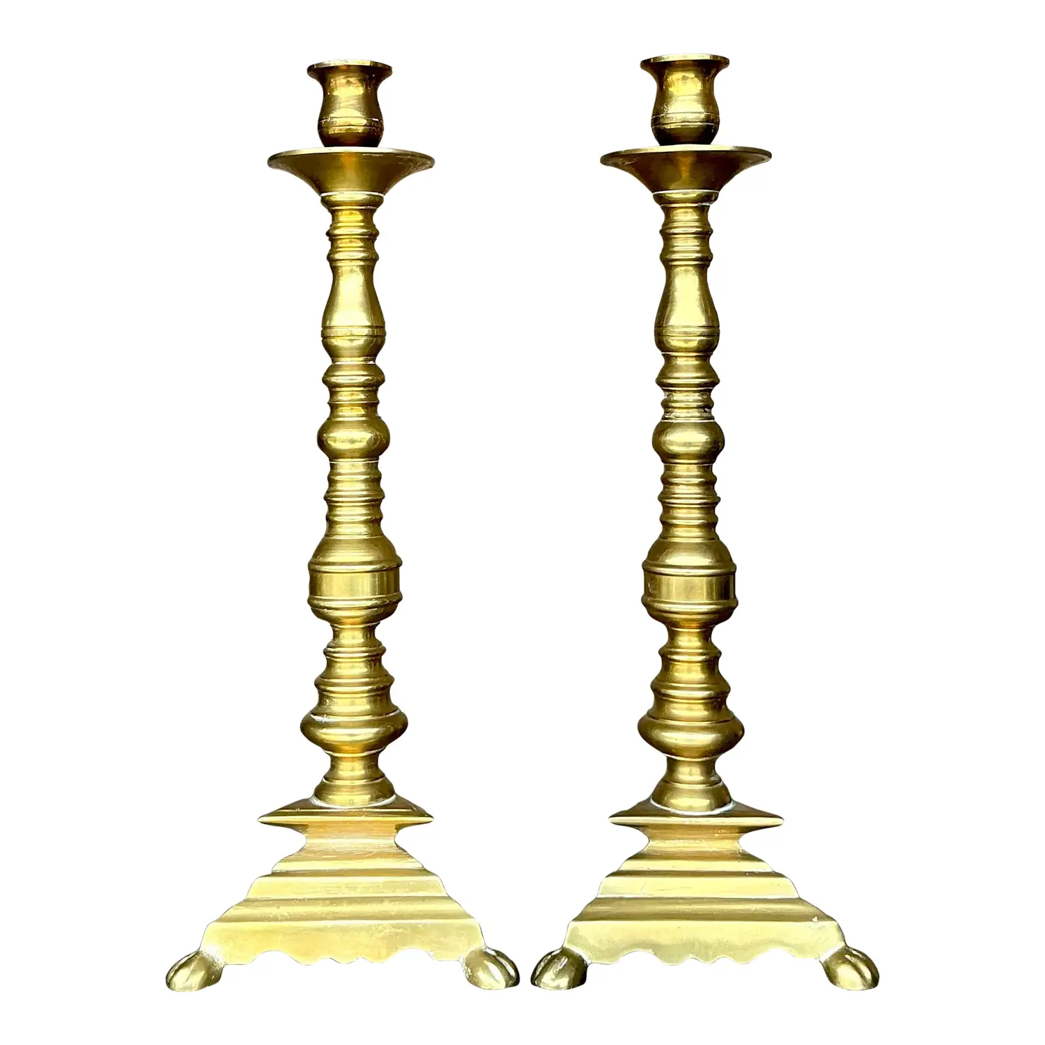 Vintage Boho Turned Brass Candlesticks - a Pair