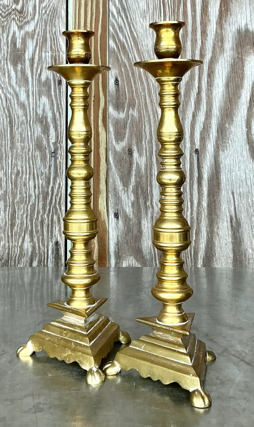 Vintage Boho Turned Brass Candlesticks - a Pair - Side view