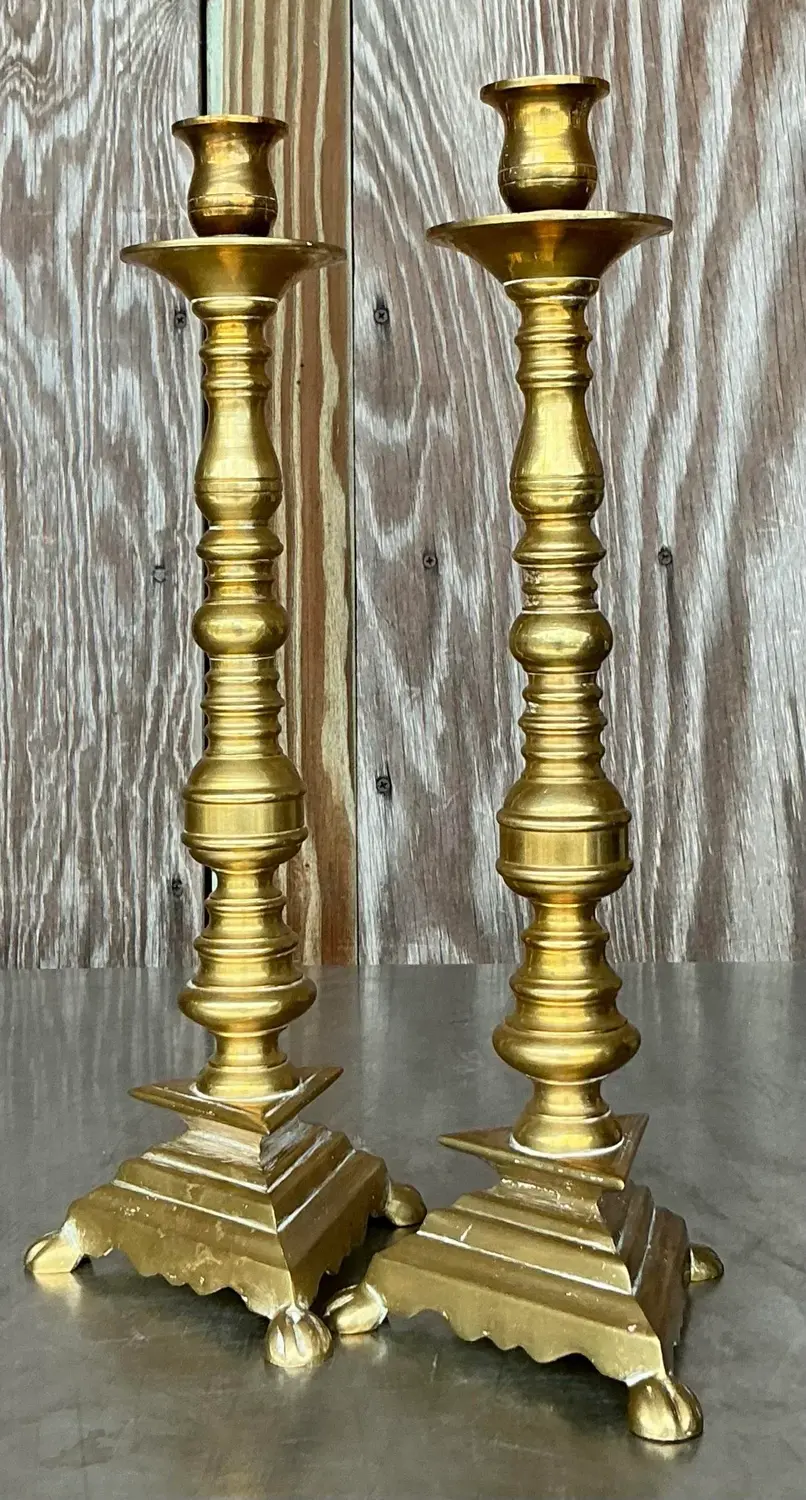 Vintage Boho Turned Brass Candlesticks - a Pair - Back view