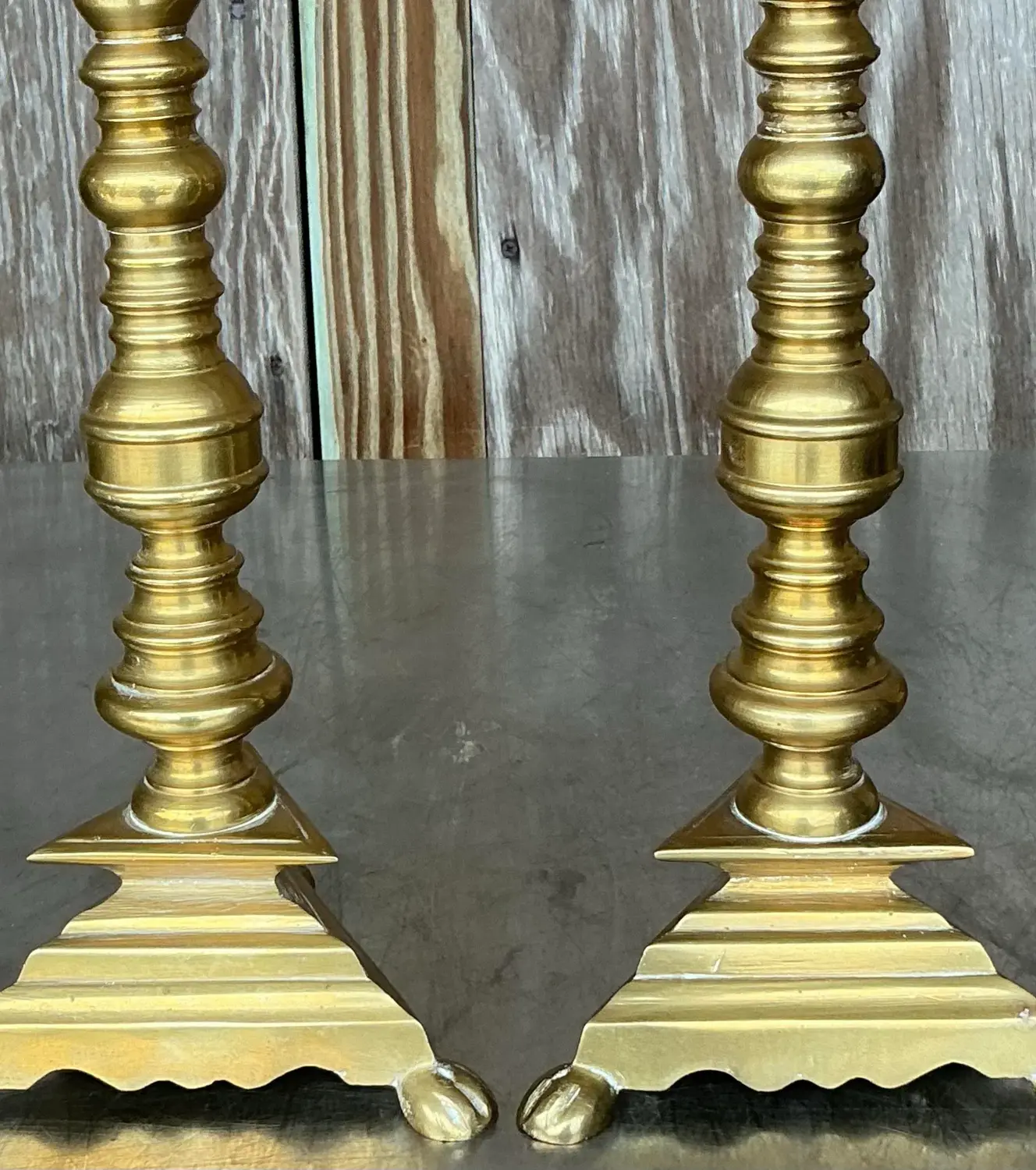 Vintage Boho Turned Brass Candlesticks - a Pair - Top view