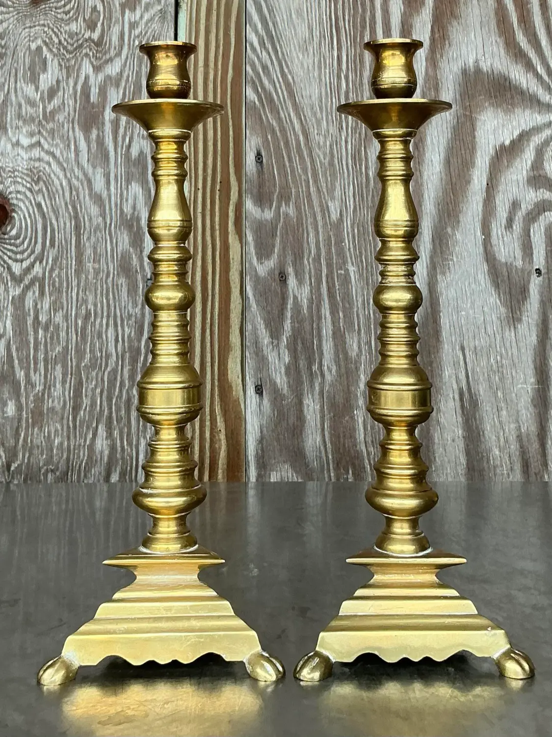 Vintage Boho Turned Brass Candlesticks - a Pair - Detail view