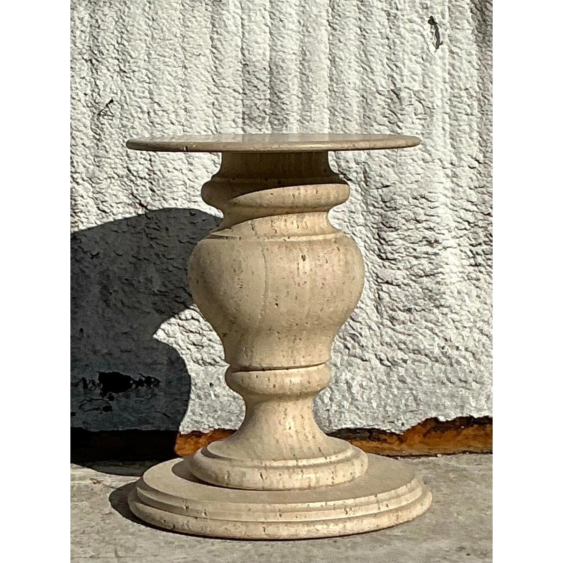 Vintage Boho Turned Travertine Dining Table Pedestal - Back view