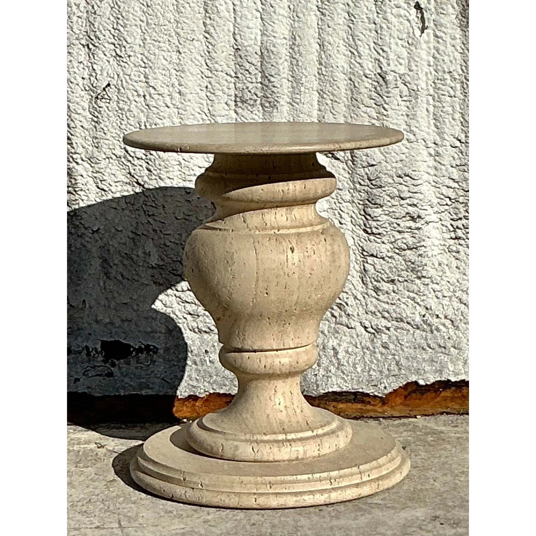 Vintage Boho Turned Travertine Dining Table Pedestal - Back view