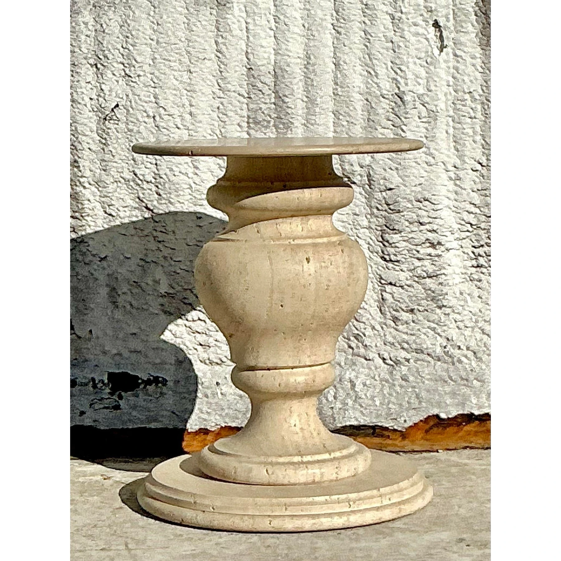 Vintage Boho Turned Travertine Dining Table Pedestal - Top view