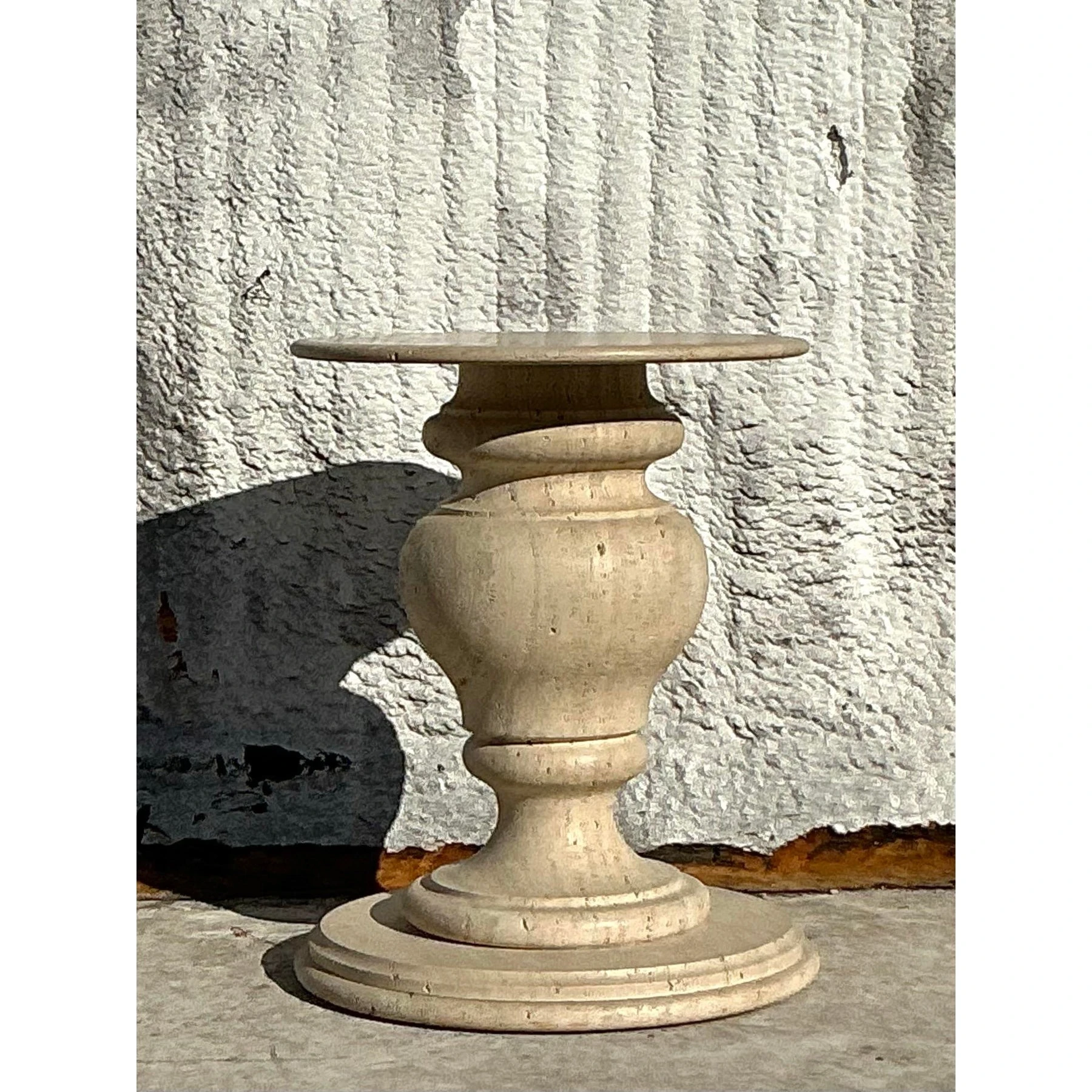 Vintage Boho Turned Travertine Dining Table Pedestal - Side view
