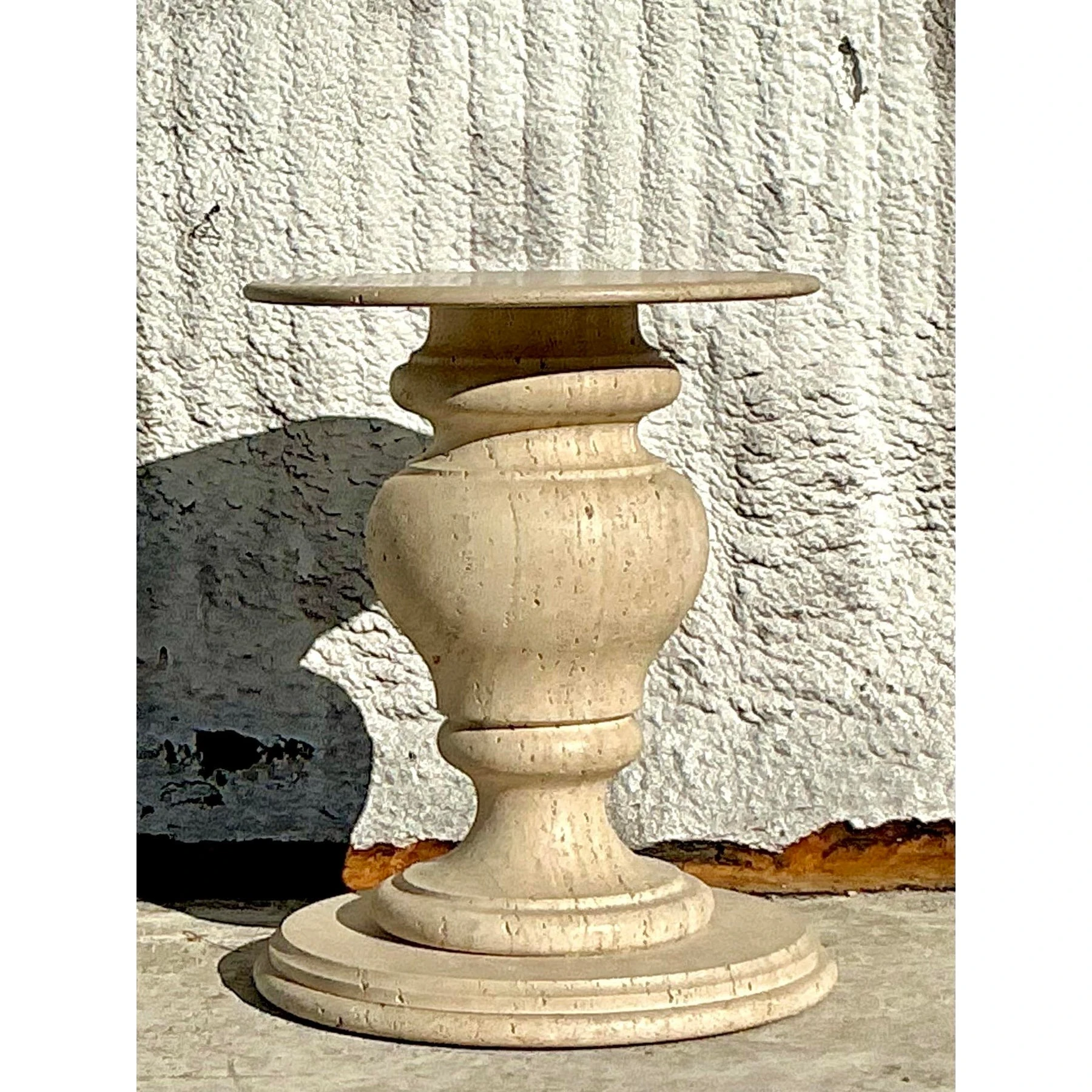 Vintage Boho Turned Travertine Dining Table Pedestal - Top view