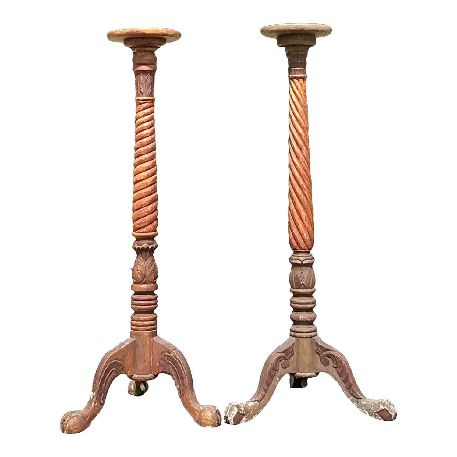 Vintage Boho Turned Wood Candlestick Pedestals - Set of 2