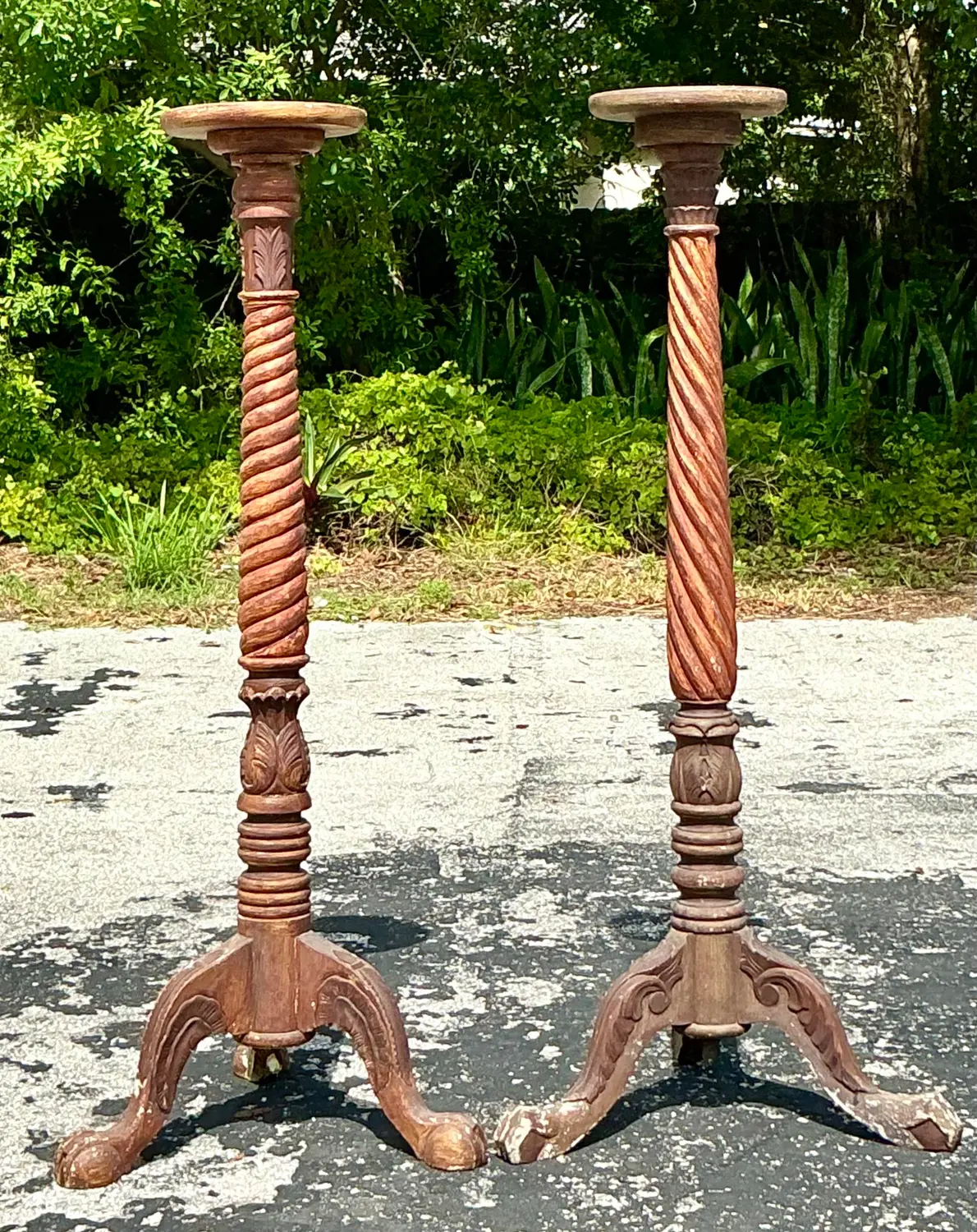 Vintage Boho Turned Wood Candlestick Pedestals - Set of 2 - Side view