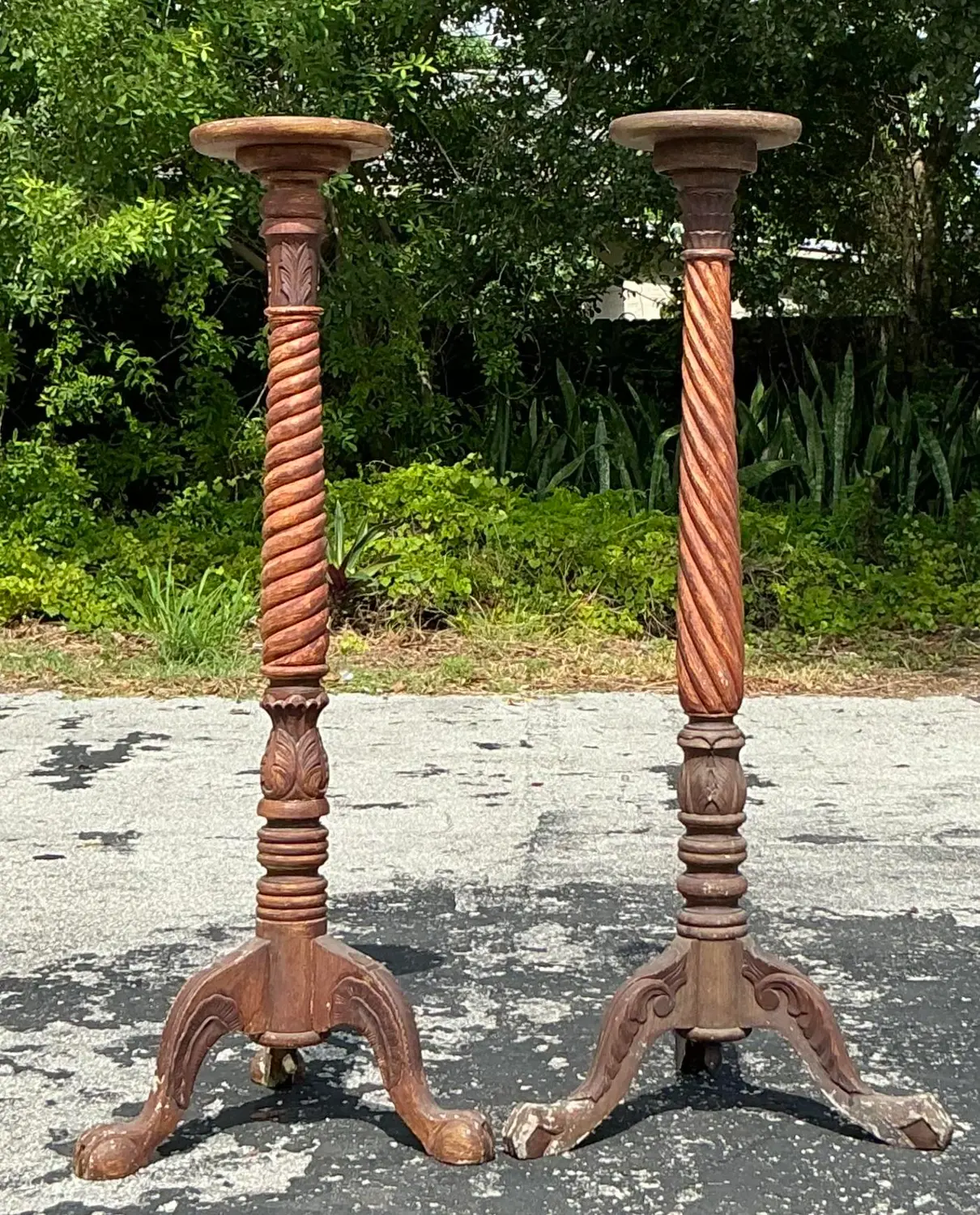 Vintage Boho Turned Wood Candlestick Pedestals - Set of 2 - Detail view
