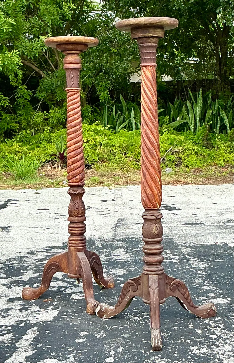 Vintage Boho Turned Wood Candlestick Pedestals - Set of 2 - Back view