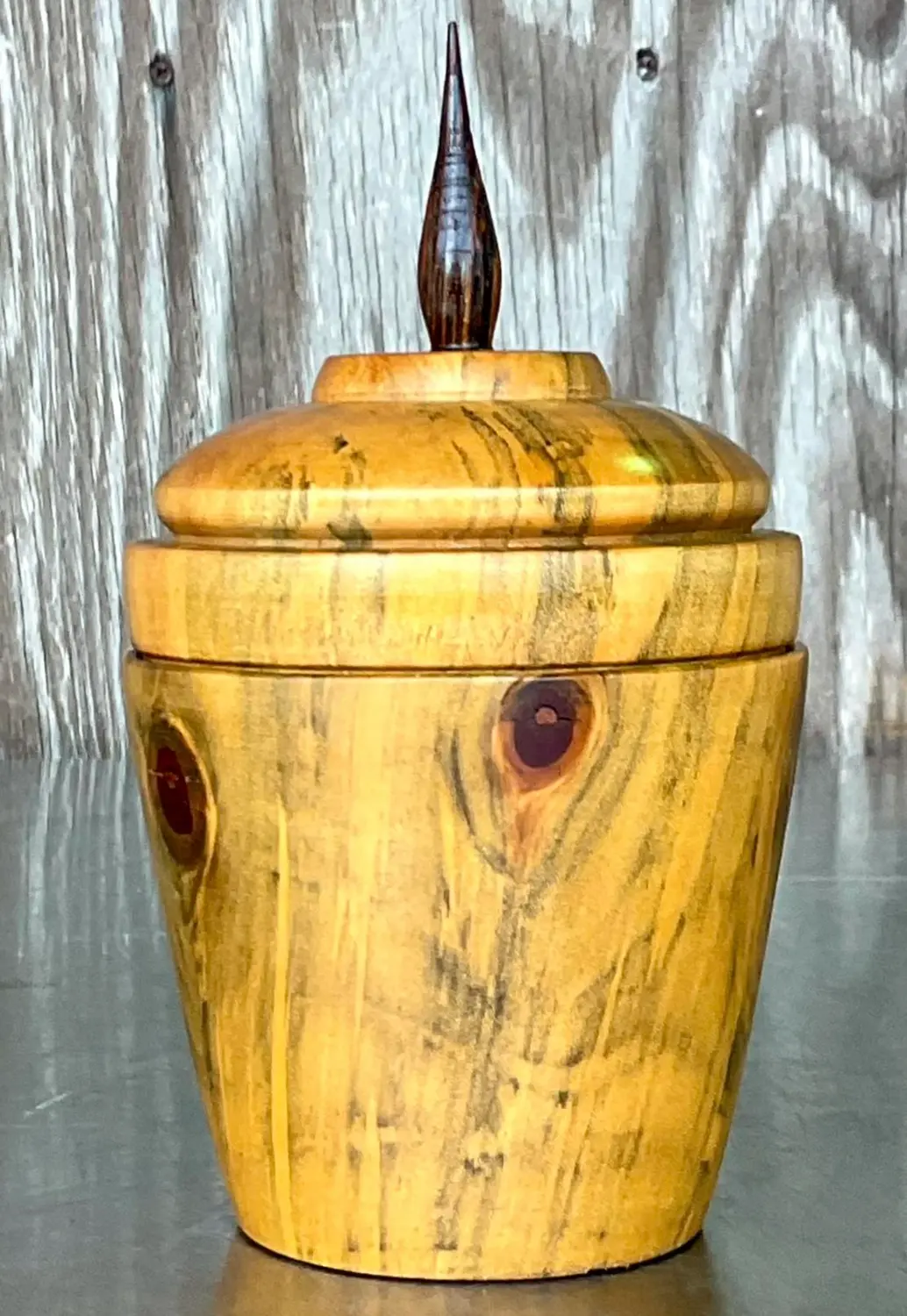 Vintage Boho Turned Wood Lidded Pot - Detail view