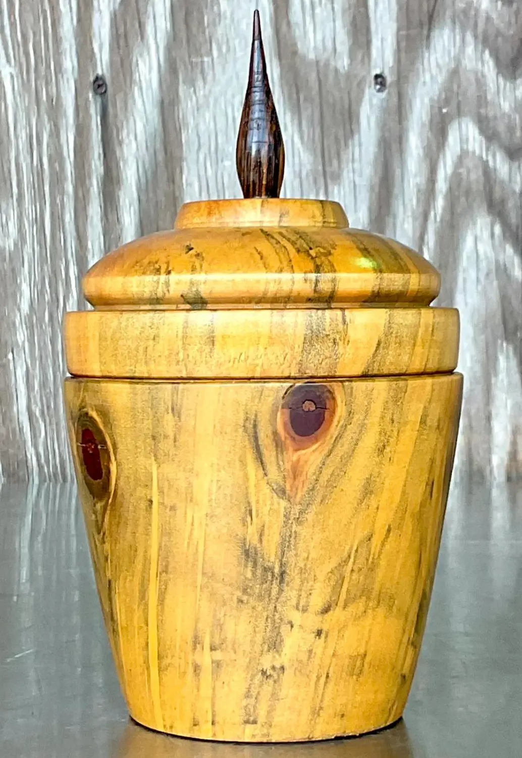 Vintage Boho Turned Wood Lidded Pot - Side view