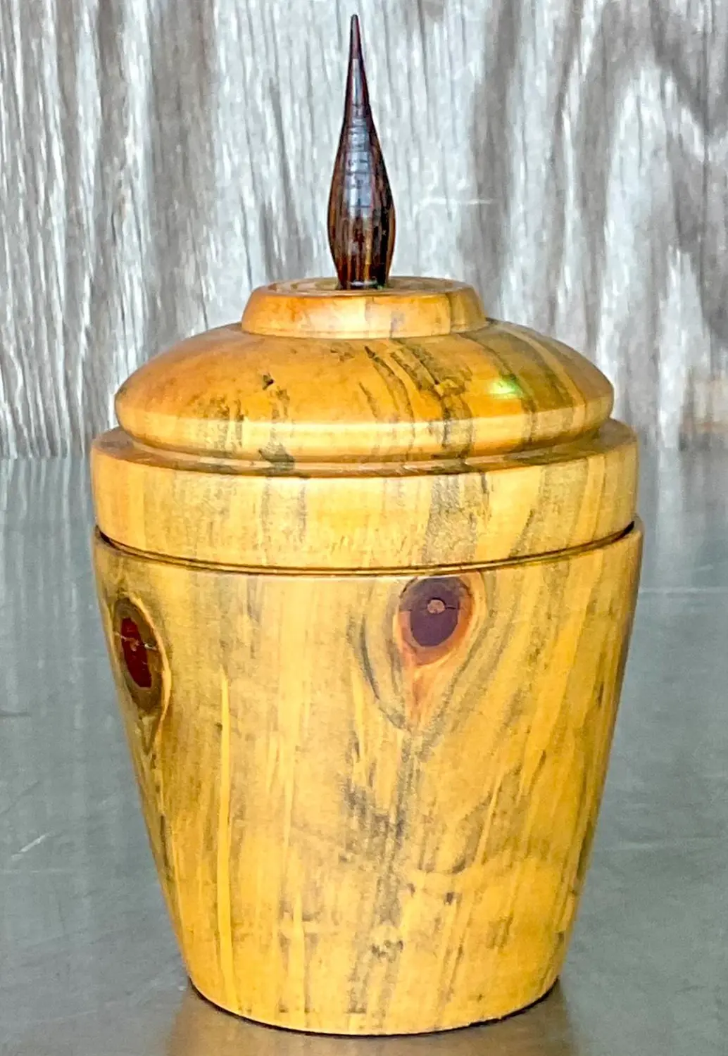 Vintage Boho Turned Wood Lidded Pot - Top view