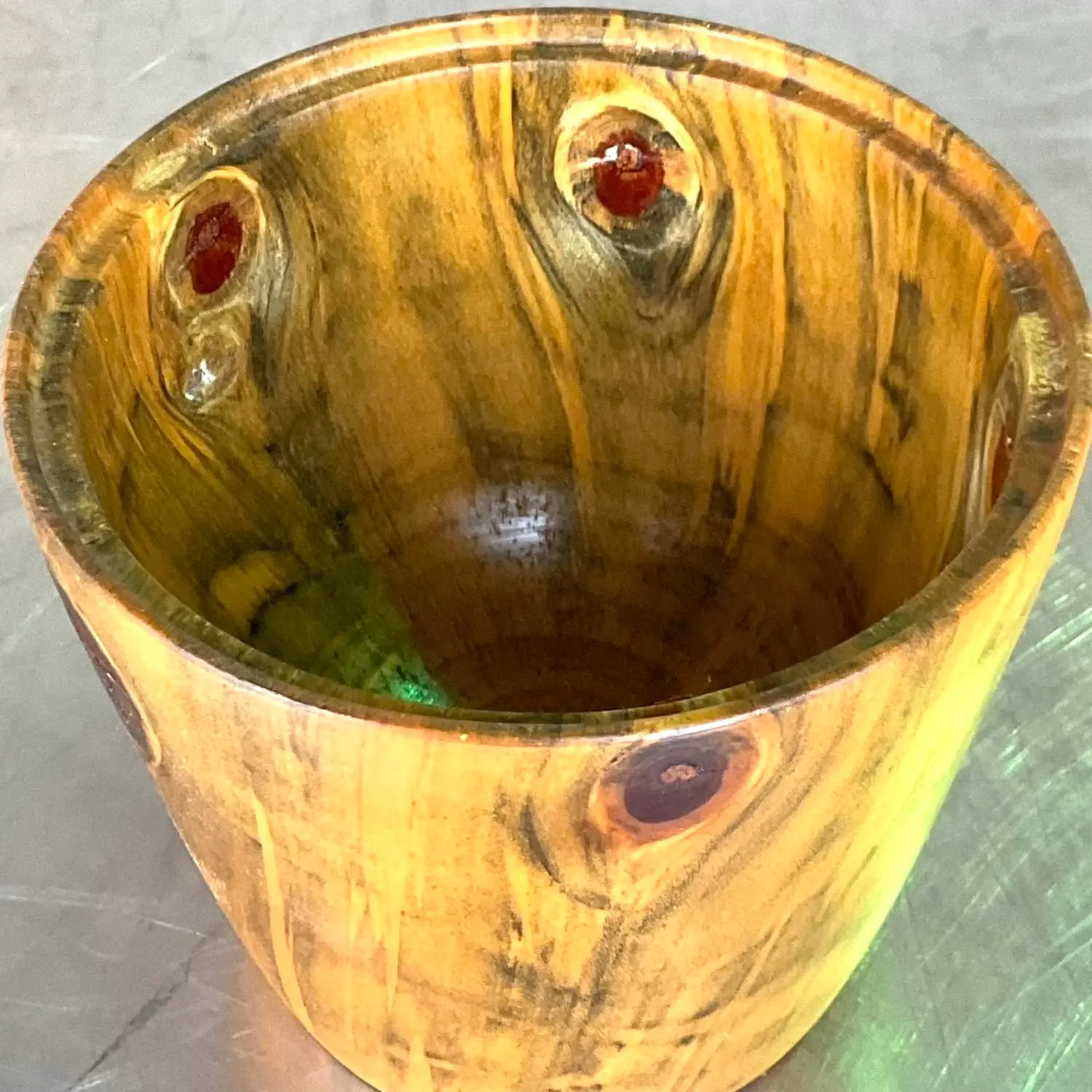 Vintage Boho Turned Wood Lidded Pot - Back view