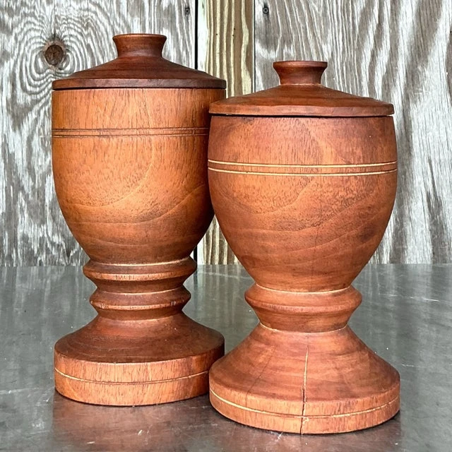 Vintage Boho Turned Wood Lidded Urns - a Pair - Side view