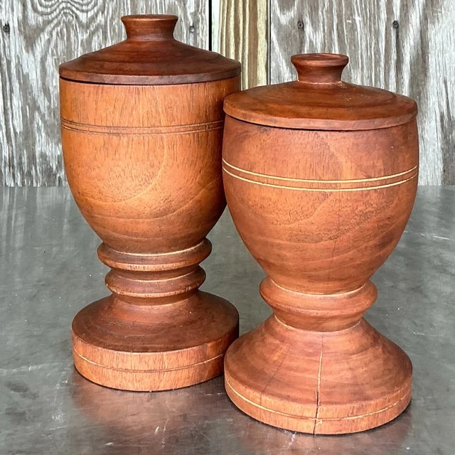 Vintage Boho Turned Wood Lidded Urns - a Pair - Top view