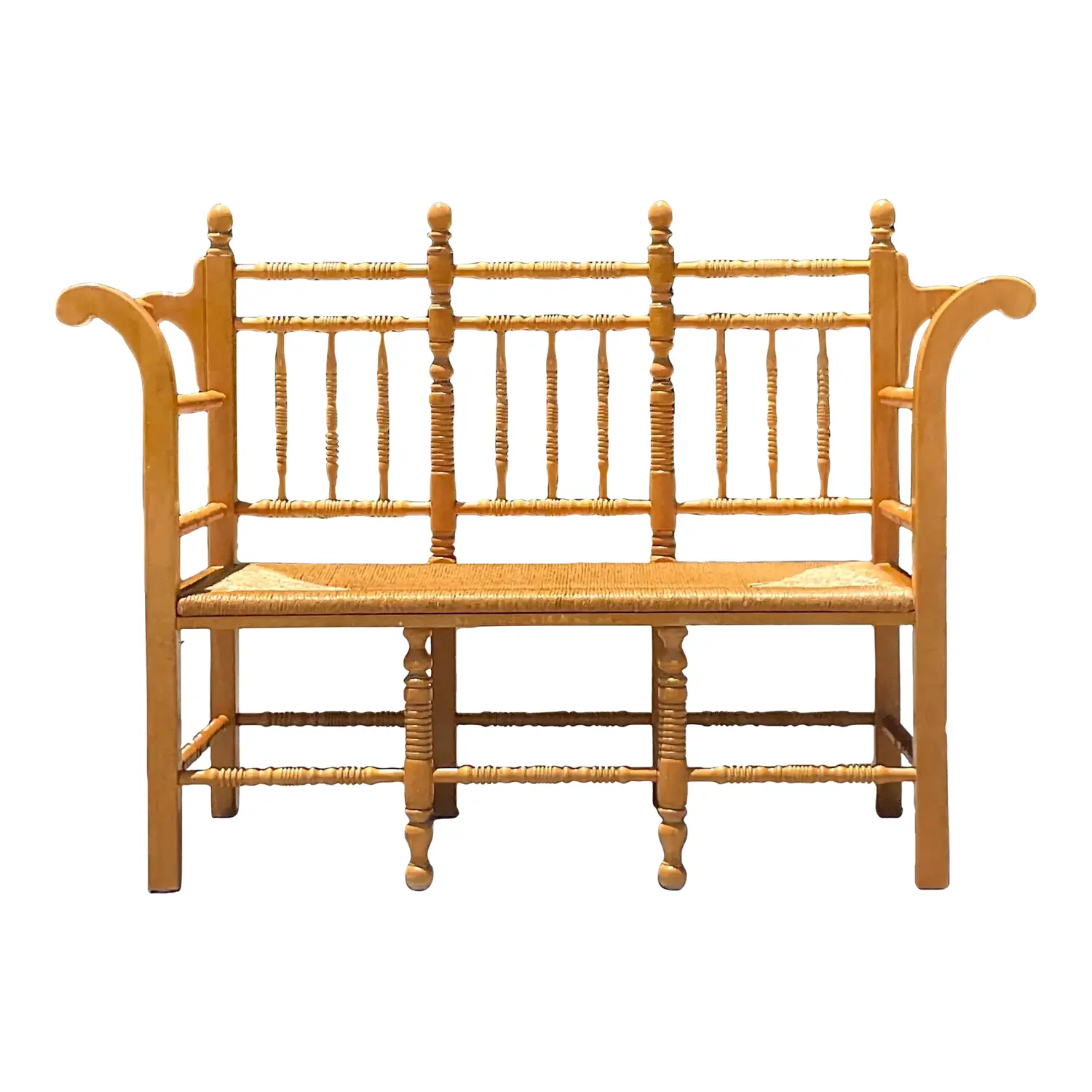Vintage Boho Turned Wood Spindle Bench