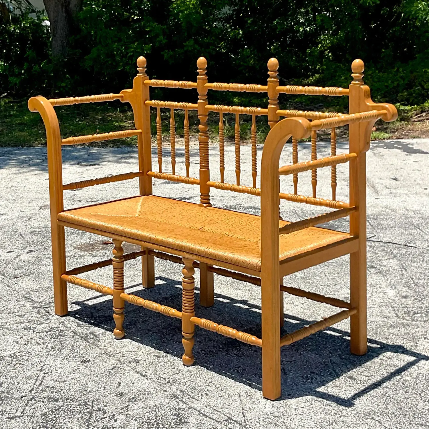 Vintage Boho Turned Wood Spindle Bench - Side view