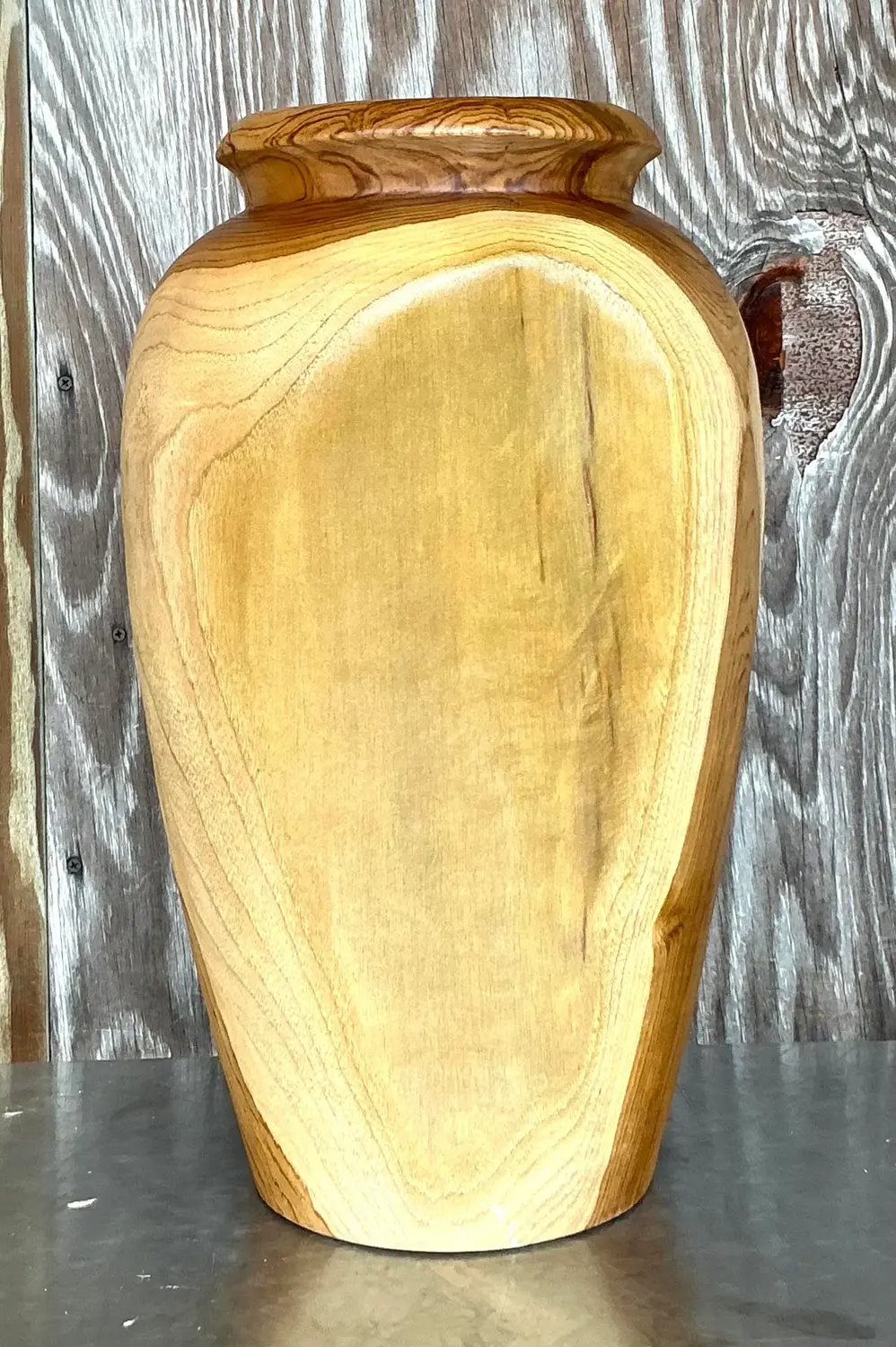 Vintage Boho Turned Wood Tall Vase - Side view