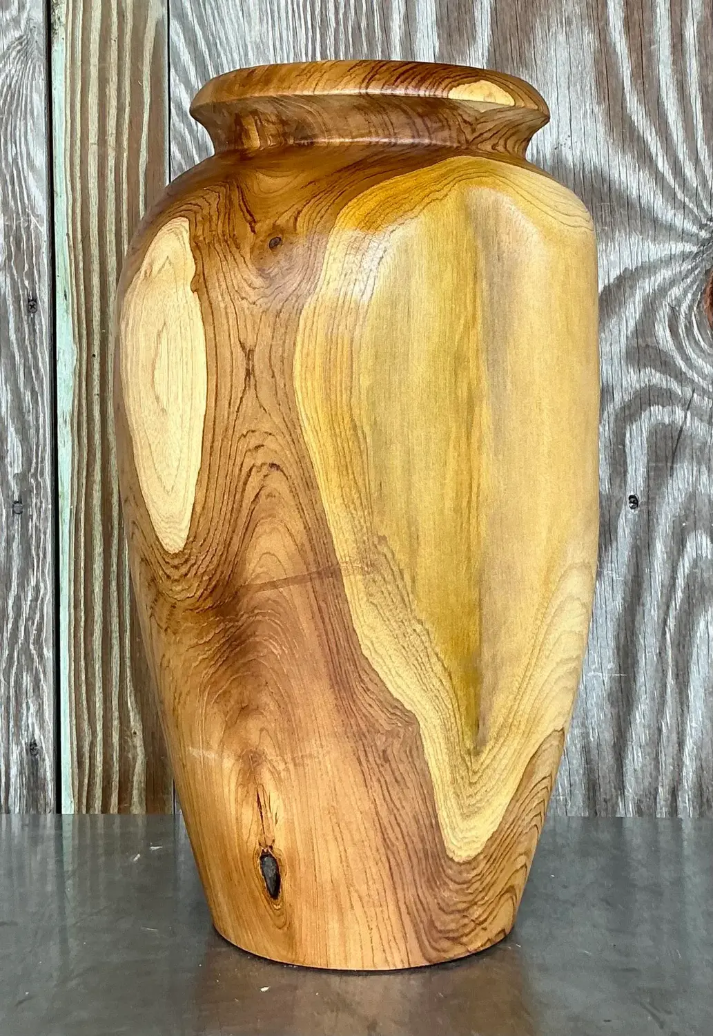 Vintage Boho Turned Wood Tall Vase - Top view