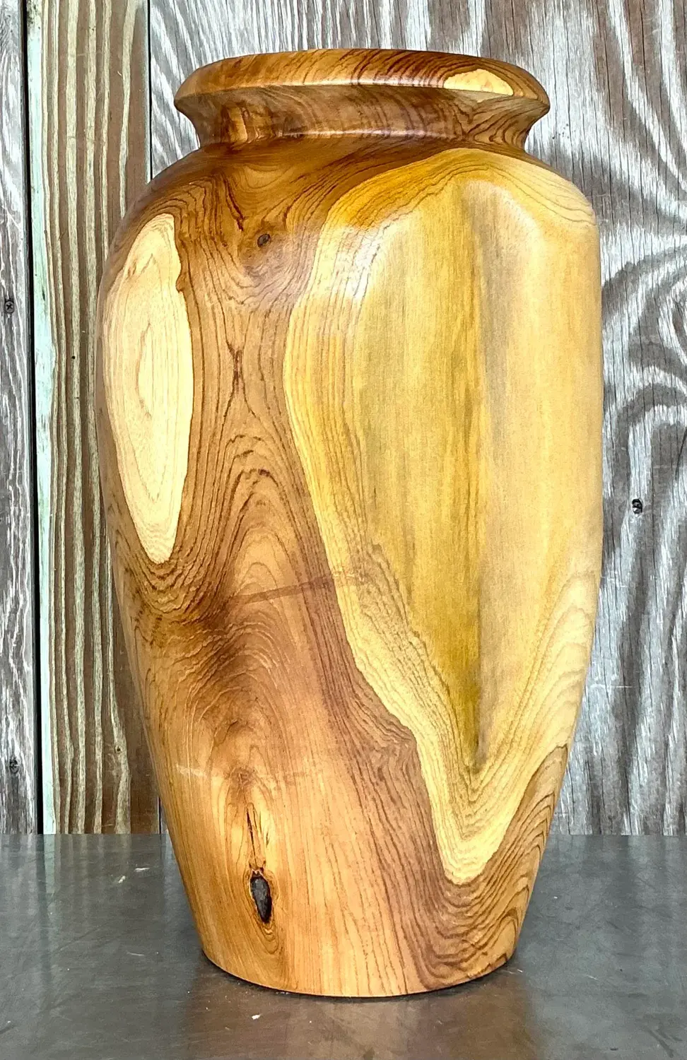 Vintage Boho Turned Wood Tall Vase - Back view