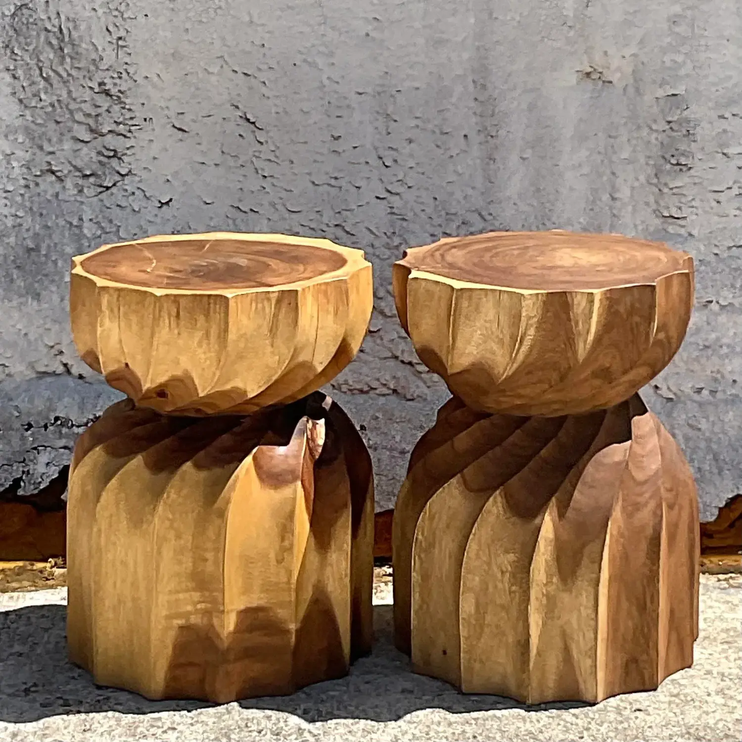 Vintage Boho Twisted Stump Low Stools - a Pair - Top view