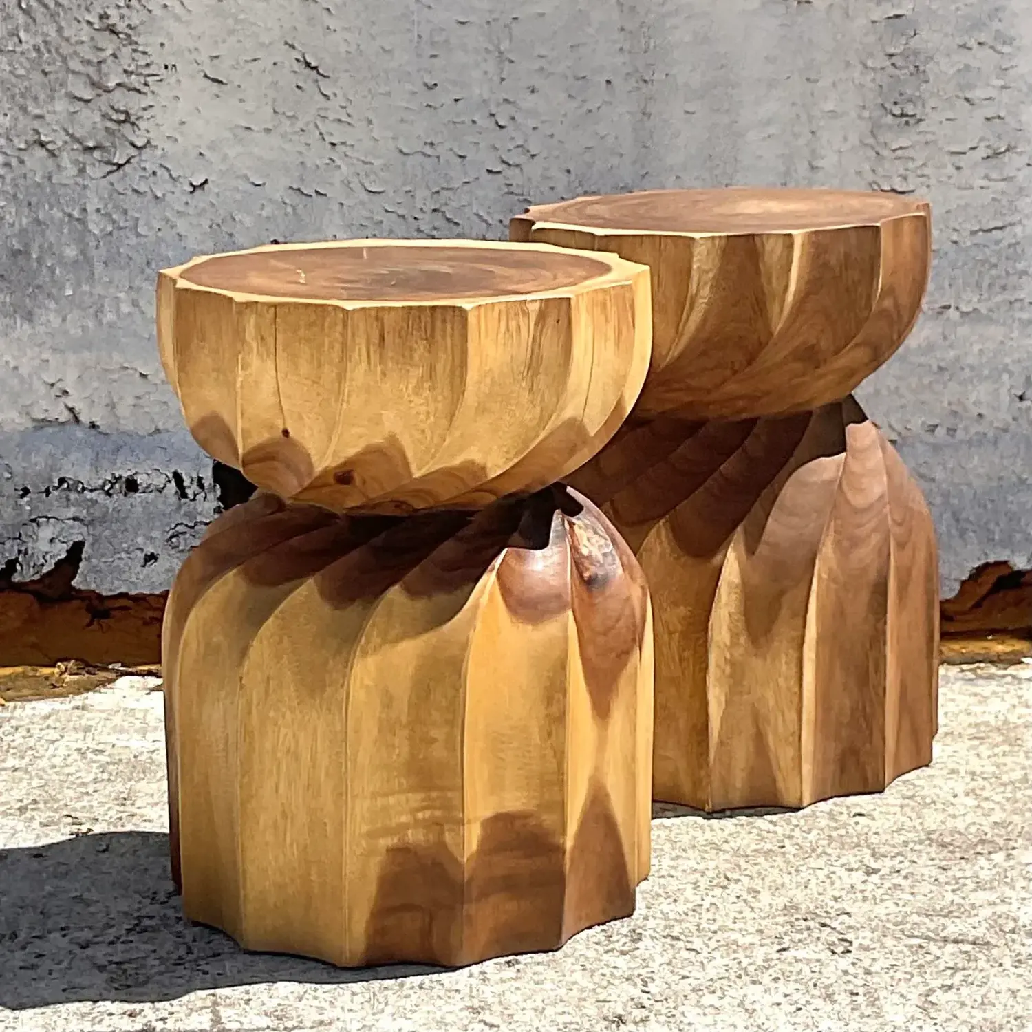 Vintage Boho Twisted Stump Low Stools - a Pair - Back view