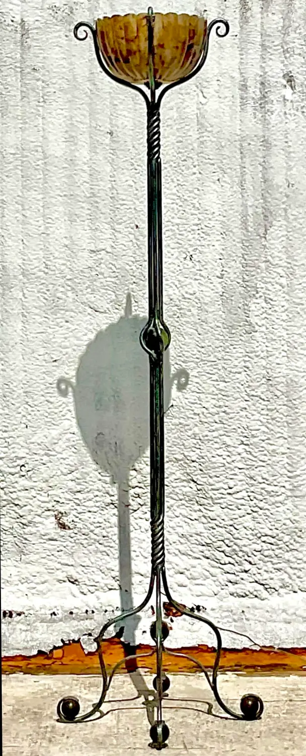 Vintage Boho Twisted Wrought Iron and Patinated Pen Shell Floor Lamp - Side view