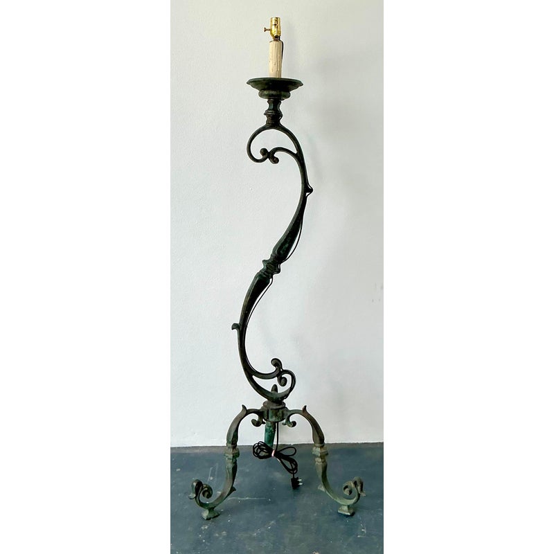 Vintage Boho Verdigris Bronze Scroll Floor Lamp - Side view