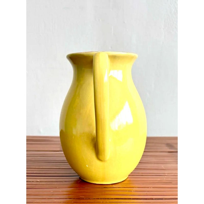 Vintage Boho Vibrant Yellow Glazed Ceramic Vase - Detail view
