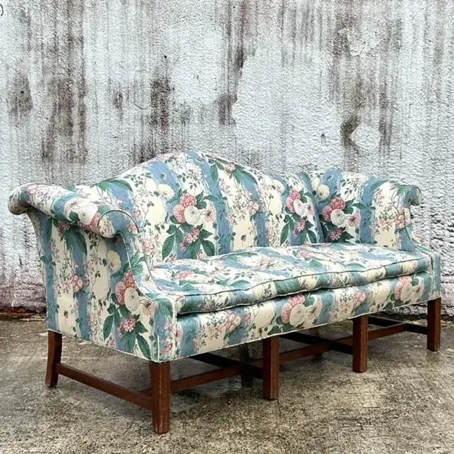 Vintage Boho Waxed Chintz Camelback Sofa - Top view