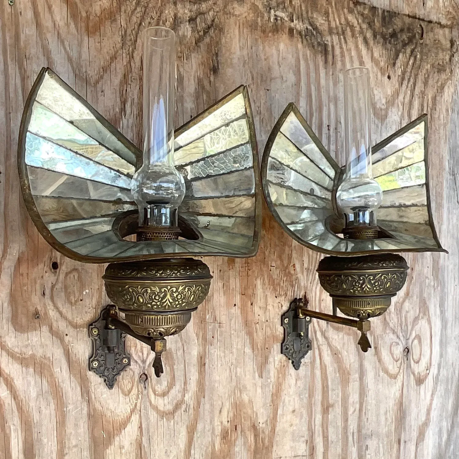 Vintage Boho Wheeler Reflector Co Mirrored Wall Gas Sconce - a Pair - Detail view