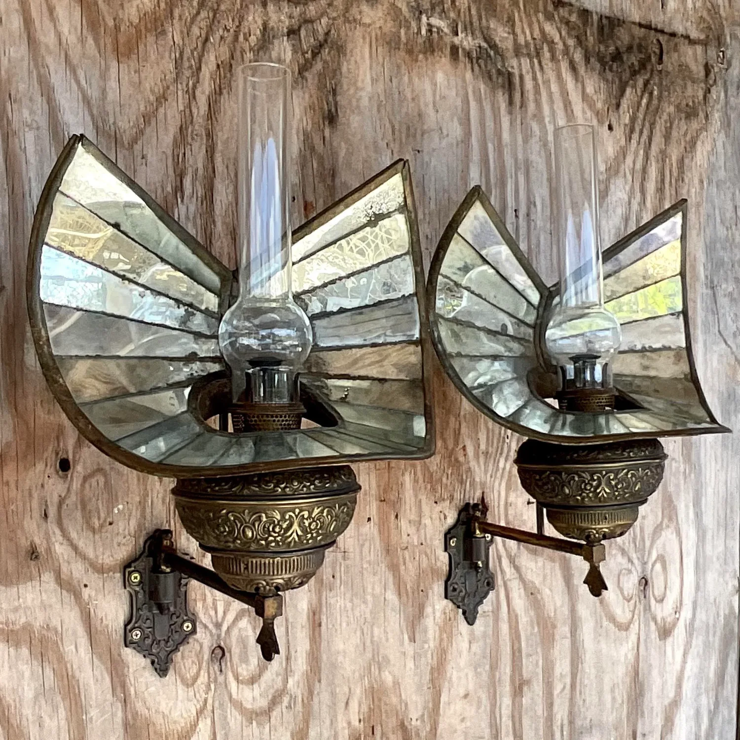 Vintage Boho Wheeler Reflector Co Mirrored Wall Gas Sconce - a Pair - Back view